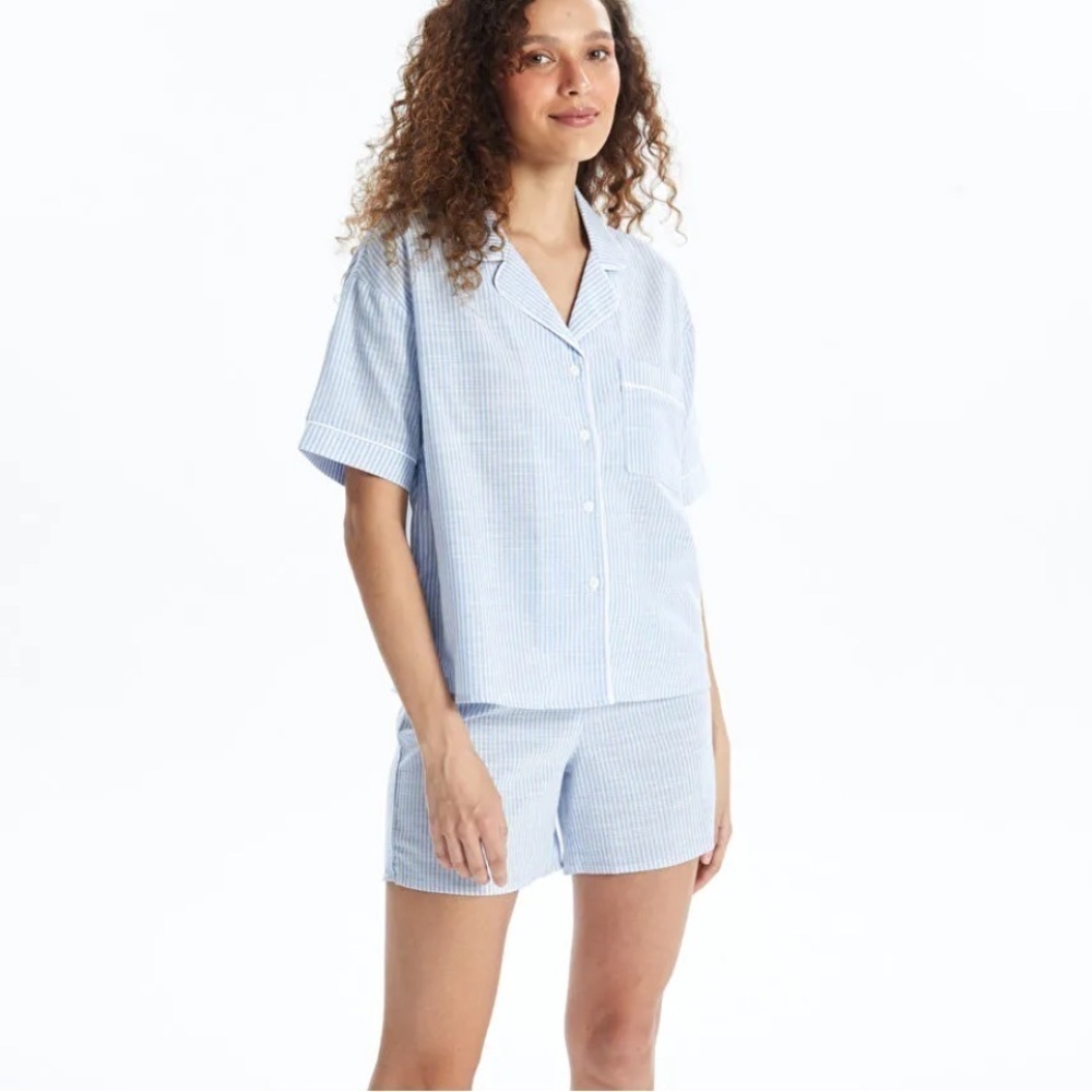 Stars Above Button Down Blouse Stripe Short Sleeve Collared XS